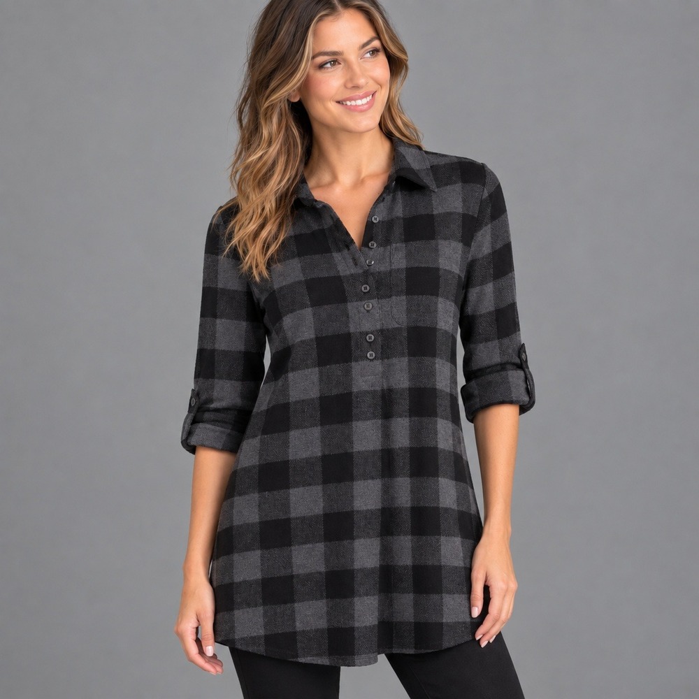 Soft Surroundings Shirt Womens Size 2X Grey Buffalo Plaid Tunic Cozy Knit NWT